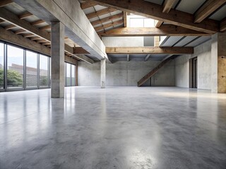 The simple cement floor contrasts with the loft architecture structure generative ai