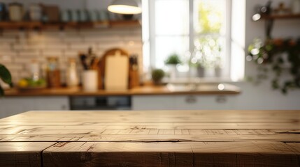 Wooden Table in Kitchen With Window. Generative AI