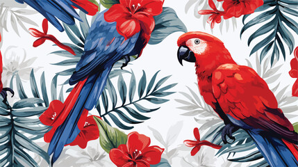 Tropical seamless pattern with leaves and red parrot