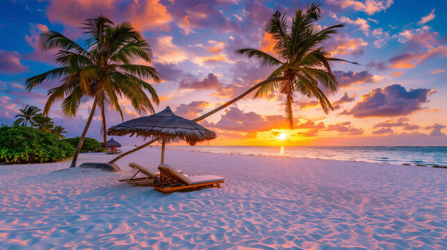 Beach Vacation. Stunning sunset on an island with white sand. Two lounge chairs under a palm tree against the background of the setting sun. beach chairs 