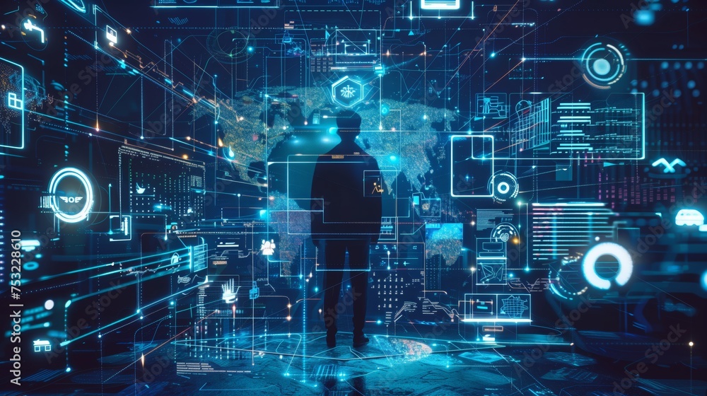 Poster man standing in front of futuristic background. generative ai