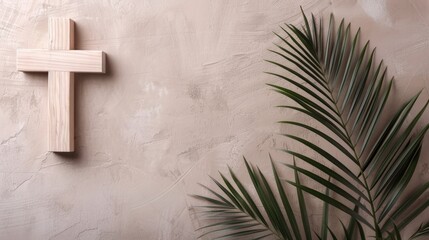 Palm Sunday background wooden cross and palm leaves on pastel background with copy space Christianity, holy week concept