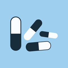 Medicine vector icon pills or tablets, capsules. Vector icon of medical pills. Symbol of a tablet and capsule. Мedications. isolated on sky blue background. Vector illustration. Eps file 158.
