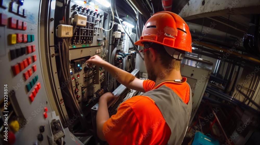 Poster man in orange hard hat working on machine. generative ai