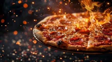 Foto op Canvas Close Up of Pizza on Flaming Pan. Generative AI © MIKHAIL