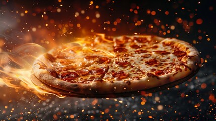 Flaming Pizza on Black Background. Generative AI - obrazy, fototapety, plakaty