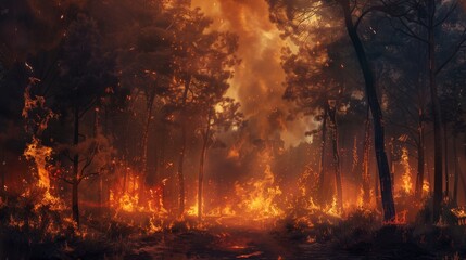 Destructive Fire Engulfing Dense Forest. Generative AI