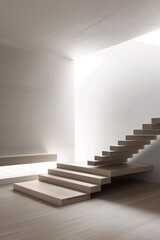 A minimalist wooden staircase leaning against a pristine white wall, embodying simplicity and space