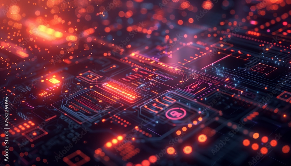 Poster computer circuit board with red and blue lights. generative ai