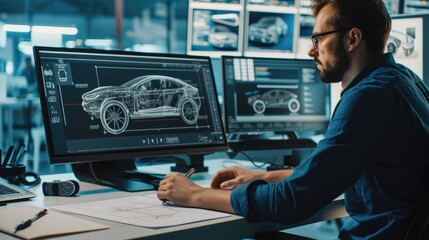A man, wearing glasses, is working at a table in a building, designing a car using a computer. He focuses on the car's hood and automotive tires, making precise gestures for automotive lighting. AIG41 - obrazy, fototapety, plakaty