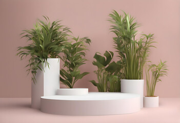 Obraz premium Pódio com vasos de plantas branco mockup