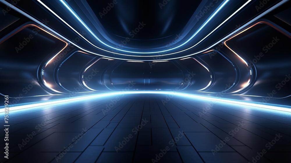 Poster an illustration in 3d rendering portrays a sci-fi futuristic asphalt tunnel corridor with neon glowi