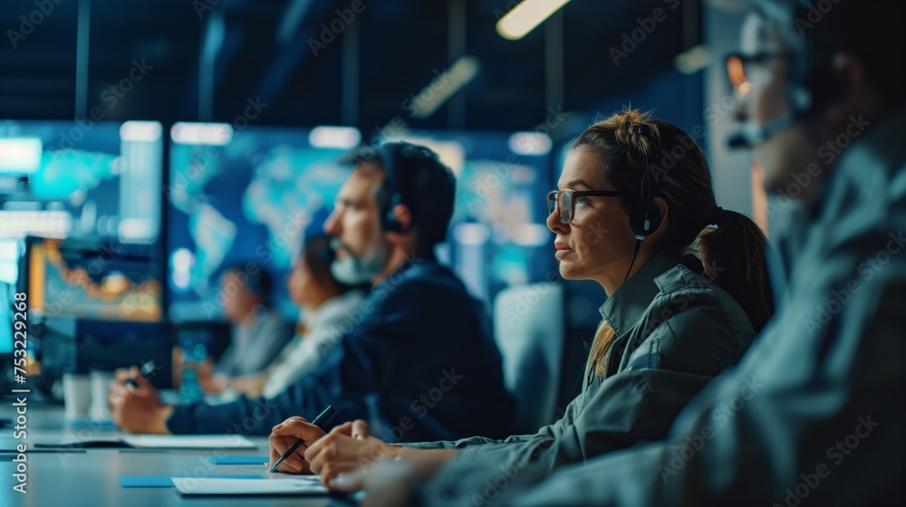 Poster diverse team of emergency managers working at computers. generative ai