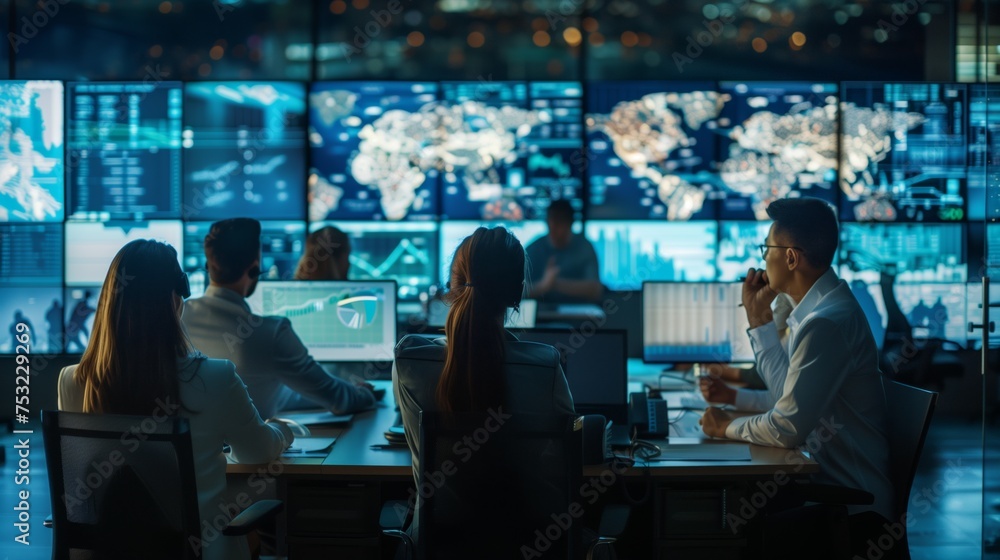 Poster diverse group of emergency managers working on laptops. generative ai