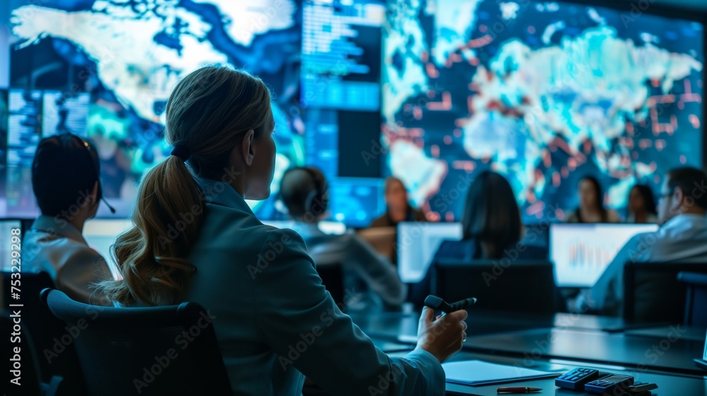 Poster diverse team of emergency managers working at computer screens. generative ai