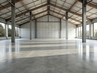 The simple cement floor contrasts with the loft architecture structure generative ai
