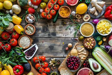 A variety of organic foods, including fresh vegetables, fruits, and grains, arranged on a natural wood table