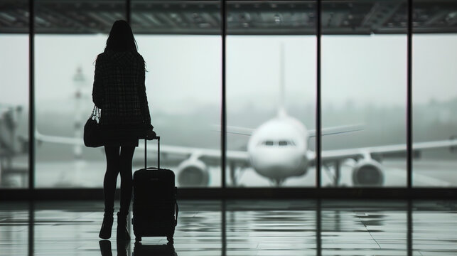 Silhouette of a woman with a suitcase at the airport