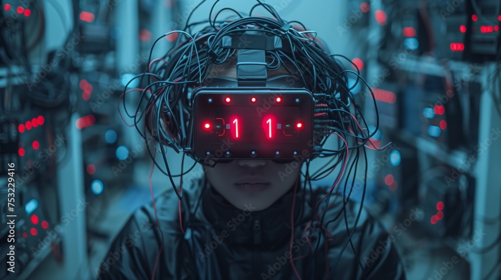 Poster man wearing headpiece with wires. generative ai