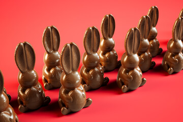 Assorted Chocolate Easter Bunnies Lined on a Striking Red Background - obrazy, fototapety, plakaty