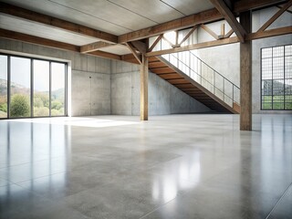 The simple cement floor contrasts with the loft architecture structure generative ai