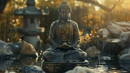 Buddha statue with golden tones at sunset - Golden-hued Buddha statue captured with a radiant sunset and warm light emphasizing serenity