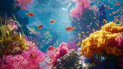 Fototapeta na wymiar Colorful fishes swimming in a reef environment - An enchanting underwater view presenting a myriad of fish navigating through a rich and colorful coral reef