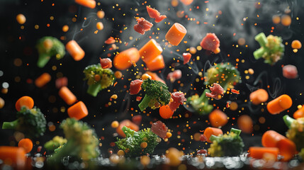 Product photography, carrots, broccoli and red meat pieces flying in the air, black background