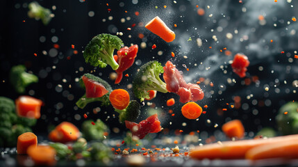 Product photography, carrots, broccoli and red meat pieces flying in the air, black background