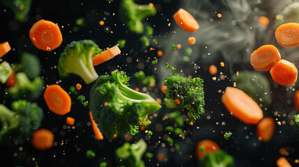 Product photography, carrots and broccoli pieces flying in the air, black background - obrazy, fototapety, plakaty