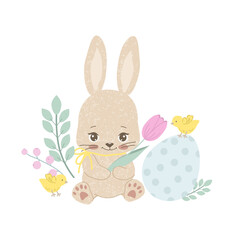 Easter bunny with eggs , flowers, chickens. Happy Easter greeting card design, Vector illustration isolated on white background. Cute animal, Easter poster, print. Typography, textile, fabric, paper