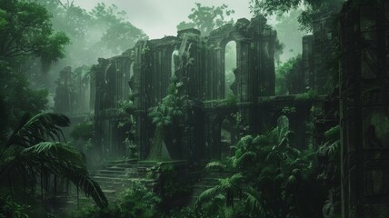 Mysterious ancient ruins shrouded in mist - The image captures the essence of mystery and adventure, featuring ruins overgrown with vegetation and bathed in misty ambiance