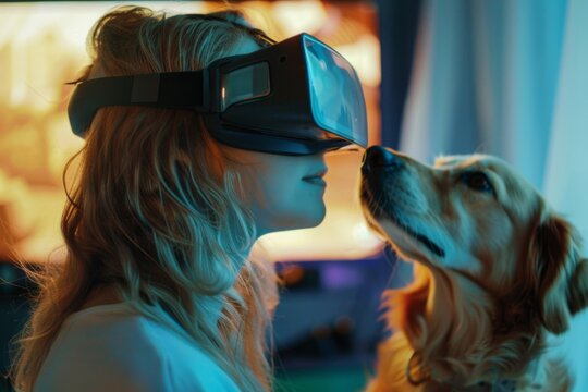 a Women in virtual reality glasses and hands control the screen TV from which a hyper-realistic a Dog