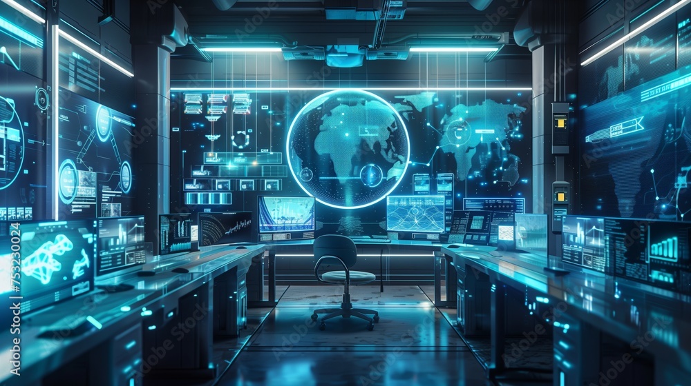 Poster room filled with computer screens. generative ai