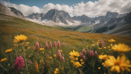 Alpine meadows bloom with wildflowers, a colorful carpet against the imposing backdrop of rocky summits and sheer cliffs. - obrazy, fototapety, plakaty
