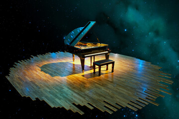 Ethereal Grand Piano Adrift Amidst Stardust and Nebulae in Deep Space