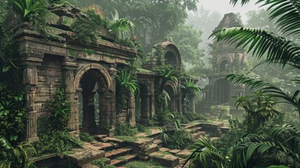 Ruins of an ancient temple in dense jungle - Overgrown with lush flora, the ruins of an ancient temple evoke a lost civilization in the jungle
