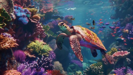 Serene sea turtle diving in a coral reef - A peaceful image of a lone sea turtle gracefully navigating through a maze of colorful coral, evoking a sense of wonder