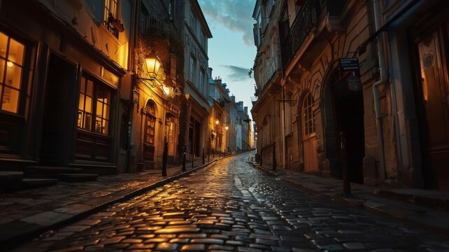 Fototapeta Rainy evening on a deserted Parisian street - The slick cobblestones of a Paris street reflect the city lights on a quiet, rainy evening, evoking a sense of solitude