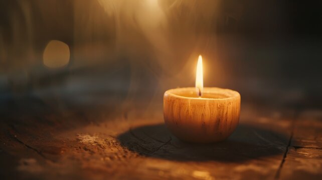 Serene candlelight in a dark setting - Close-up of a lit candle in a dark room, offering a symbol of hope and remembrance