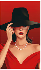A fashionable actress wearing a big hat and pearl necklace, cartoonish, minimalist illustration