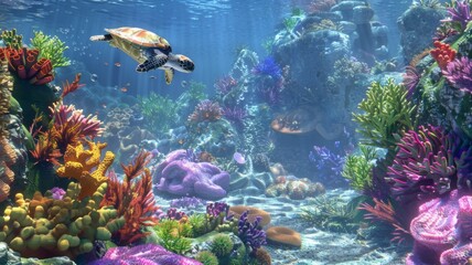 Vibrant coral ecosystem with swimming turtle - A clear and colorful underwater landscape displaying a turtle in motion against a backdrop of diverse coral formations