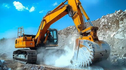 Yellow Excavator Digging Through Large Pile of Rocks. Generative AI