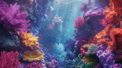 Fototapeta na wymiar Vibrant underwater coral reef with sunlight - A colorful underwater scene of a coral reef basking in beams of sunlight penetrating the ocean depths