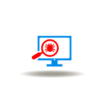 Vector illustration of monitor computer and magnifying glass with spider. Icon of virus or hacker attack. Symbol of darknet. Sign of antivirus.