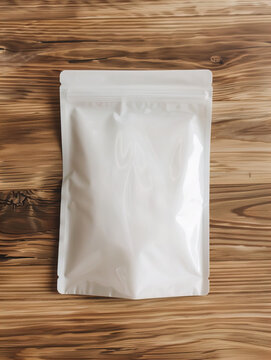 Image for white packaging bag mockup, on a wooden table