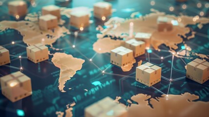 Global Distribution Network: World Map With Numerous Boxes. Generative AI