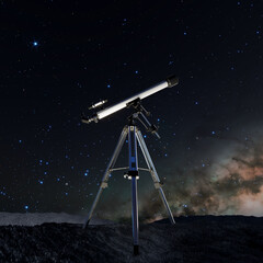 Stargazer's Evening: Telescope Aiming at the Vast, Star-Filled Night Sky