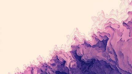 A minimalist art piece with a corner of deep purple to light pink waves transitioning to a plain background of color #fffbfc for text space. Created Using: Crisp wave details, color to no-color gradie