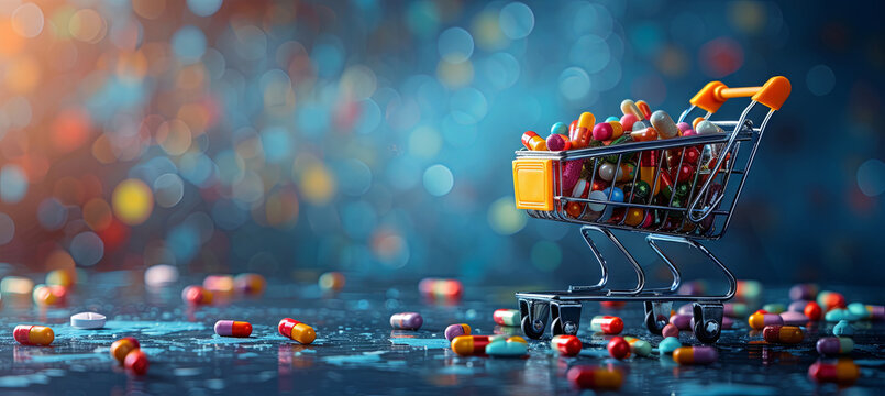 mimi shopper trolley with pills, boke multicolor background